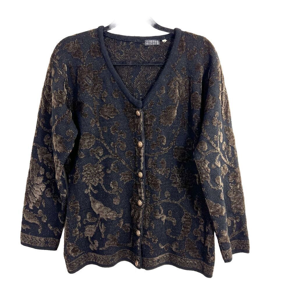 Joseph Tricot VTG Cardigan Sweater Women’s M Black Brown Chenille Floral V‎ Neck